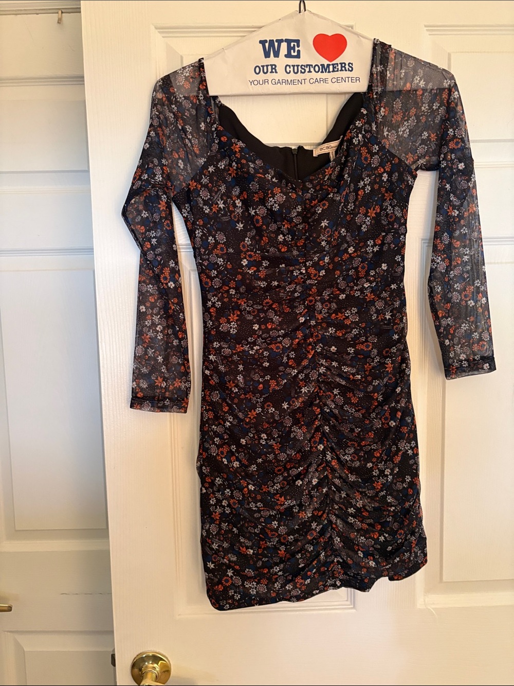 BCBG Navy Floral Long-Sleeve Ruched Mini Dress